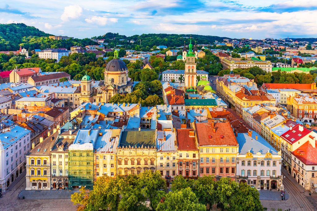Scenic summer aerial view of Market Square architecture in Old Town, Ukraine