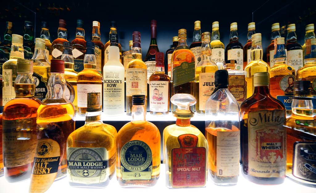 Displayed scottish whiskies, Edinburgh, Scotland
