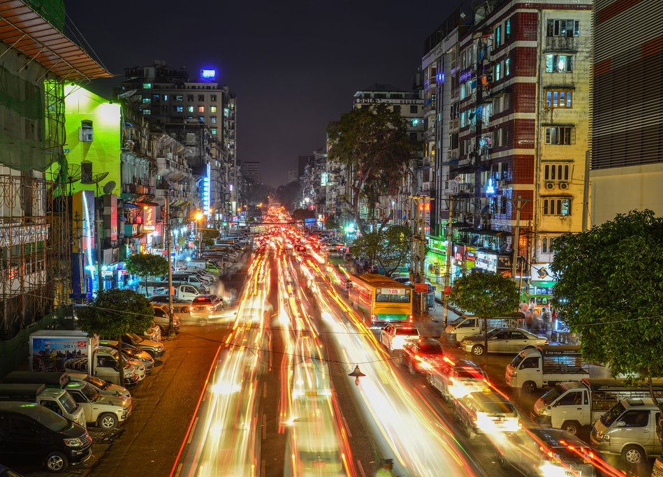 A nighttime scene in Yangon