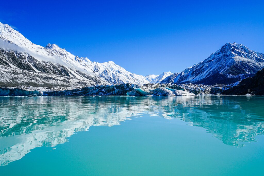 asman Glacier Terminal Lake with the Snowcapped Mountain Background in Aoraki Mount Cook National Park, South Island, New Zealand