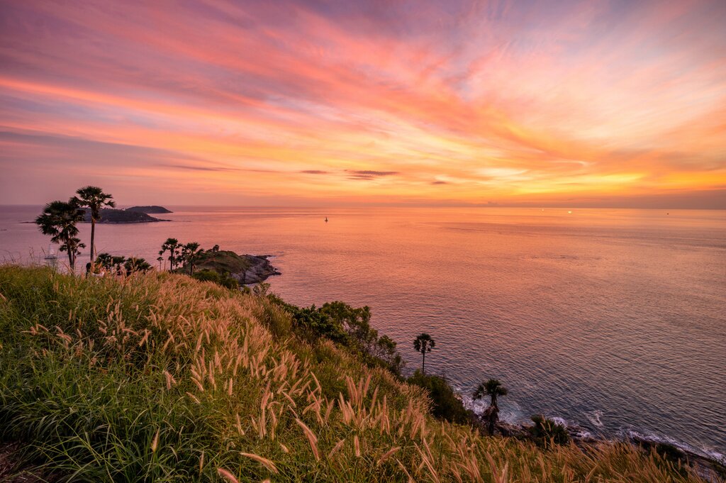 Landscape of Promthep cape in evening with beautiful dramatic twilight sky