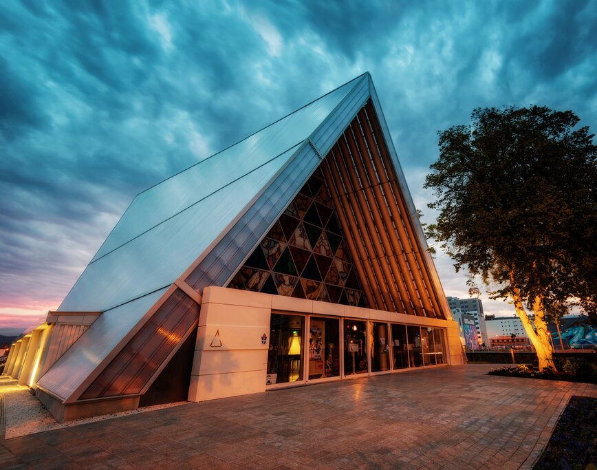 The Cardboard Cathedral in Christchurch at dusk