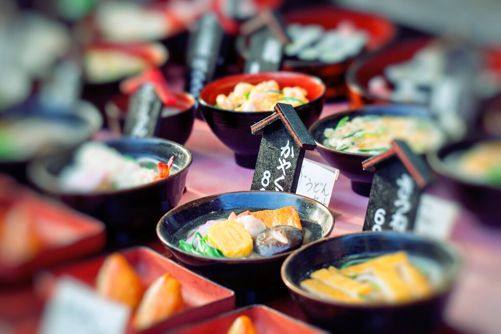 Bowls of Japanese food for sale