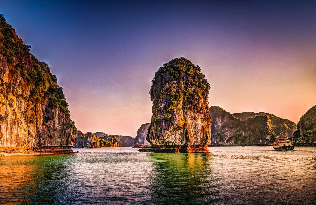 Sunset over the UNESCO-listed waterscapes of Ha Long Bay