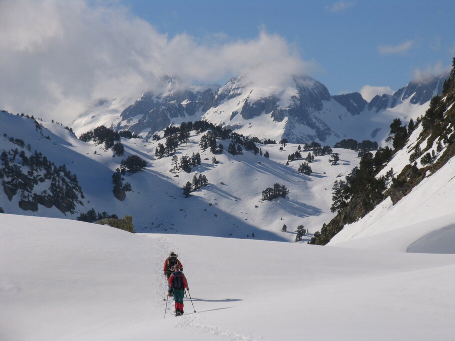 Take a leisurely snowshoeing route in the Pyrenees mountains