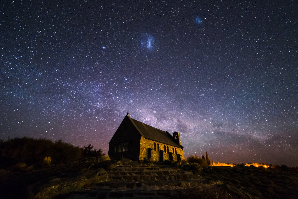 The Church of the Good Shepard in Lake Tekapo at night with stars