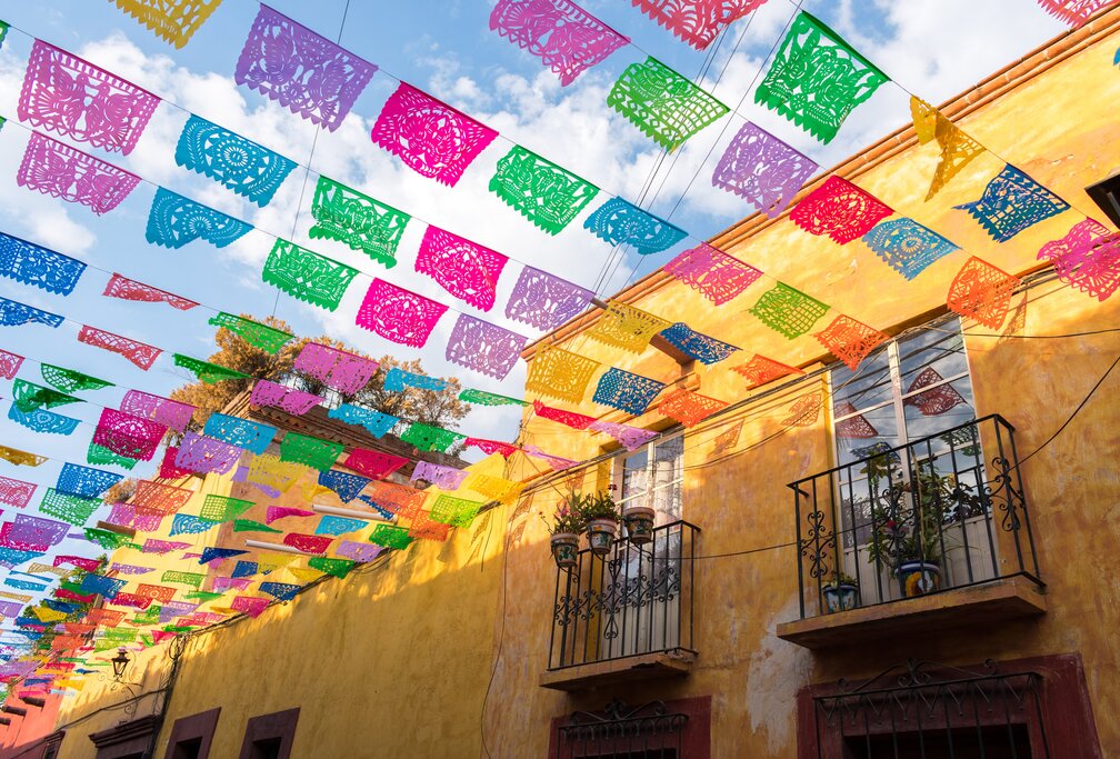 Colorful paper flags over a street in San Miguel de Allende