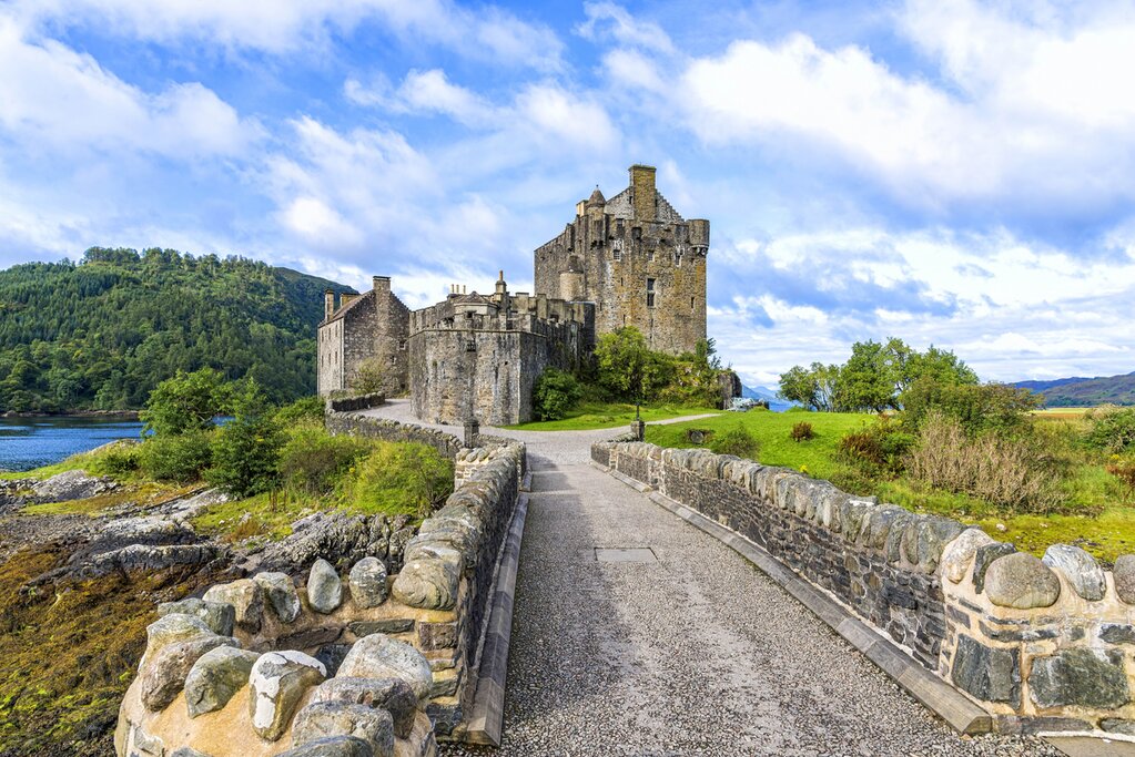 Eilean Donan is a small tidal island situated at the confluence of three sea lochs in the western Highlands of Scotland