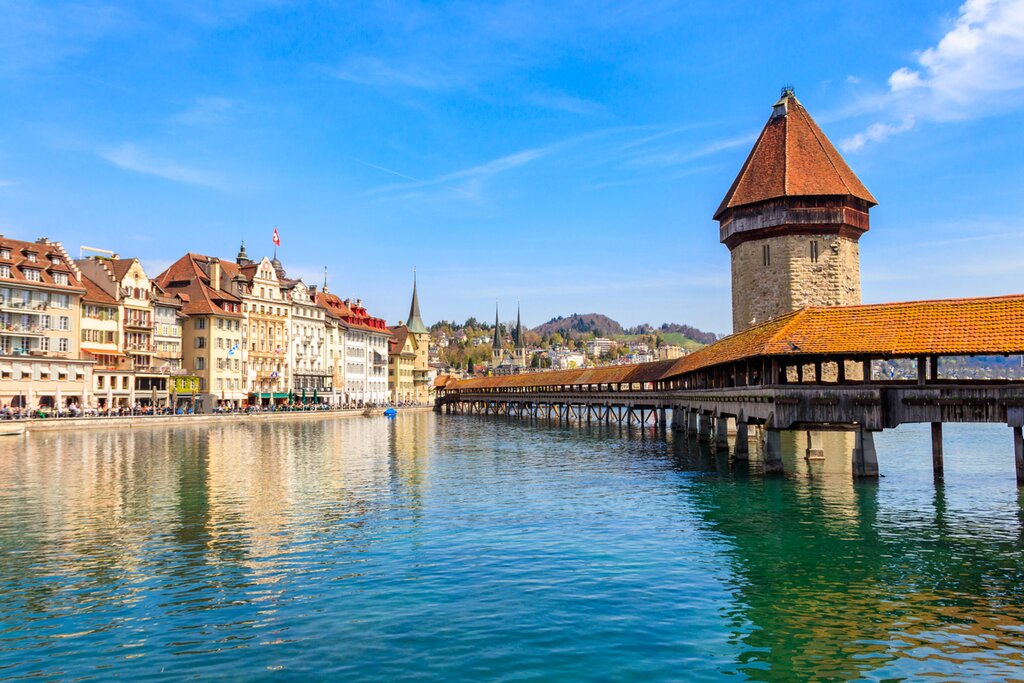 Chapel Bridge and Water Tower on the river Reuss in Lucerne