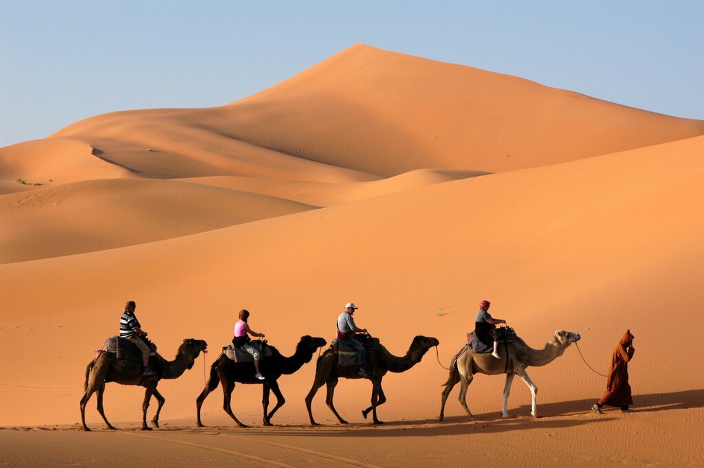 Ride camels through the Saharan sand dunes