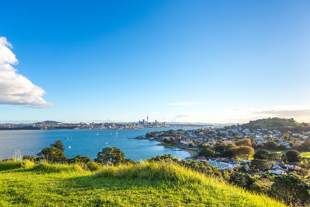 View of Auckland skyline and volcanoes of Devonport from the North Head mountain