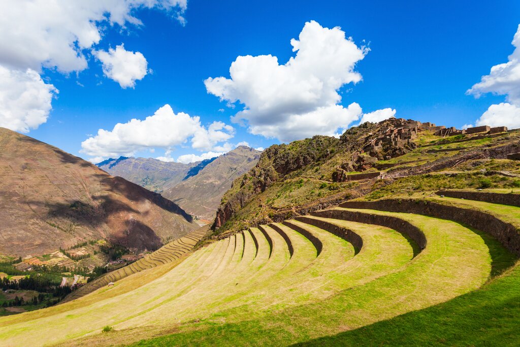 The Inca terraces in Pisac, a Peruvian village in the Sacred Valley