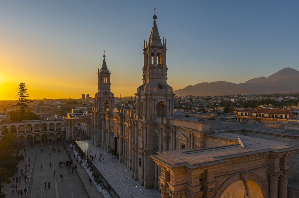 Arequipa with its Catholic Cathedral and Plaza de Armas main square in the Andes mountain range of Peru.
