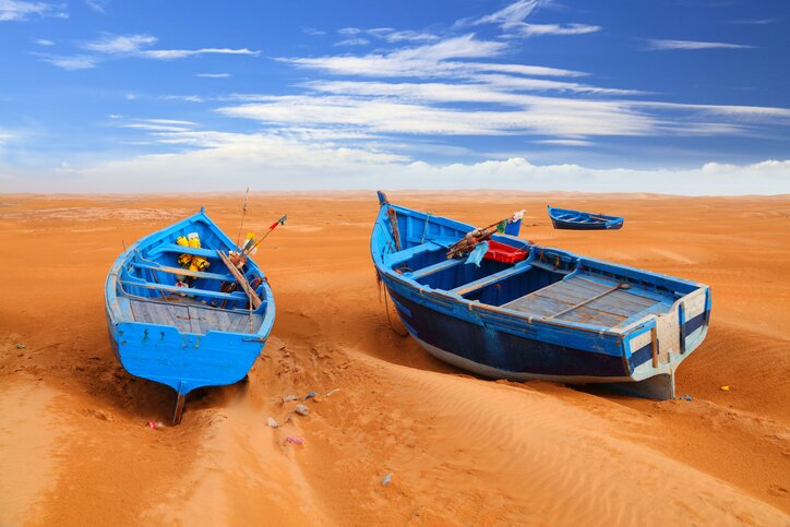 Colorful boats beached in Essaouira, on Morocco's Atlantic coast