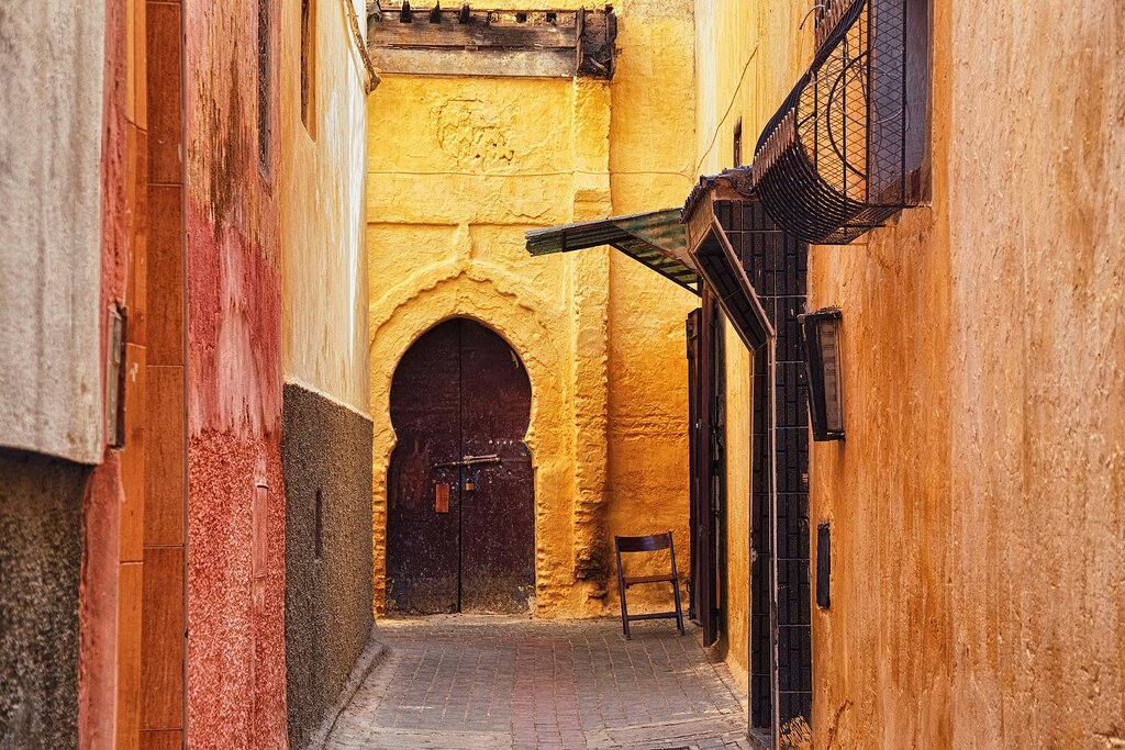 Colorful houses and narrow streets in the Meknes medina