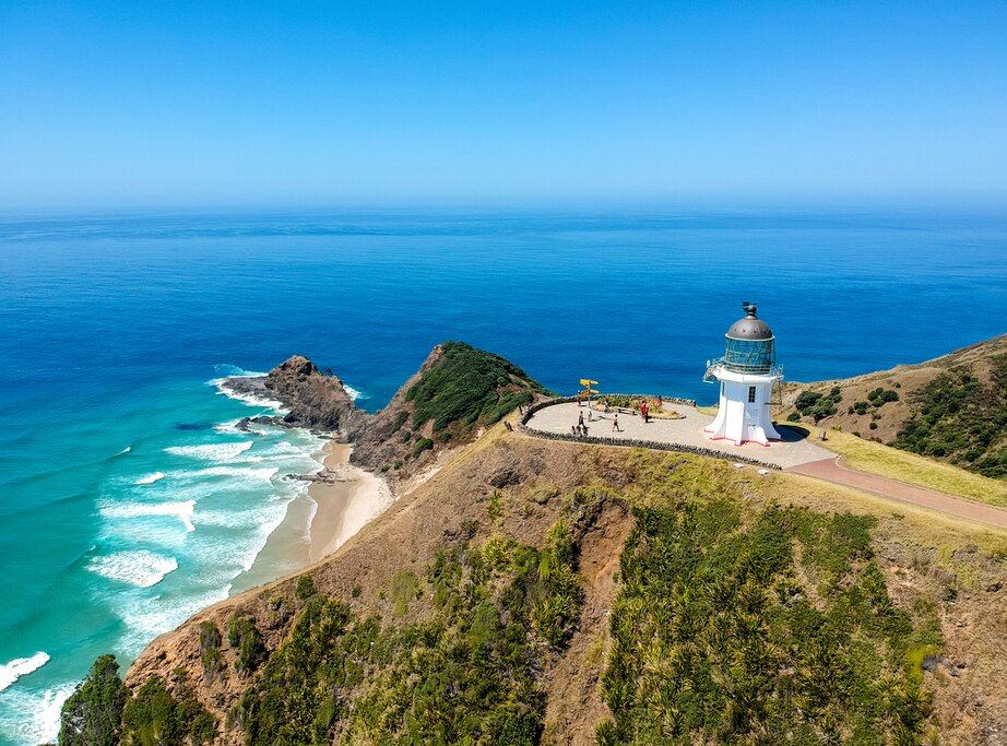 Cape Reinga Lighthouse at Cape Reinga, the northernmost point of the North Island of New Zealand. 