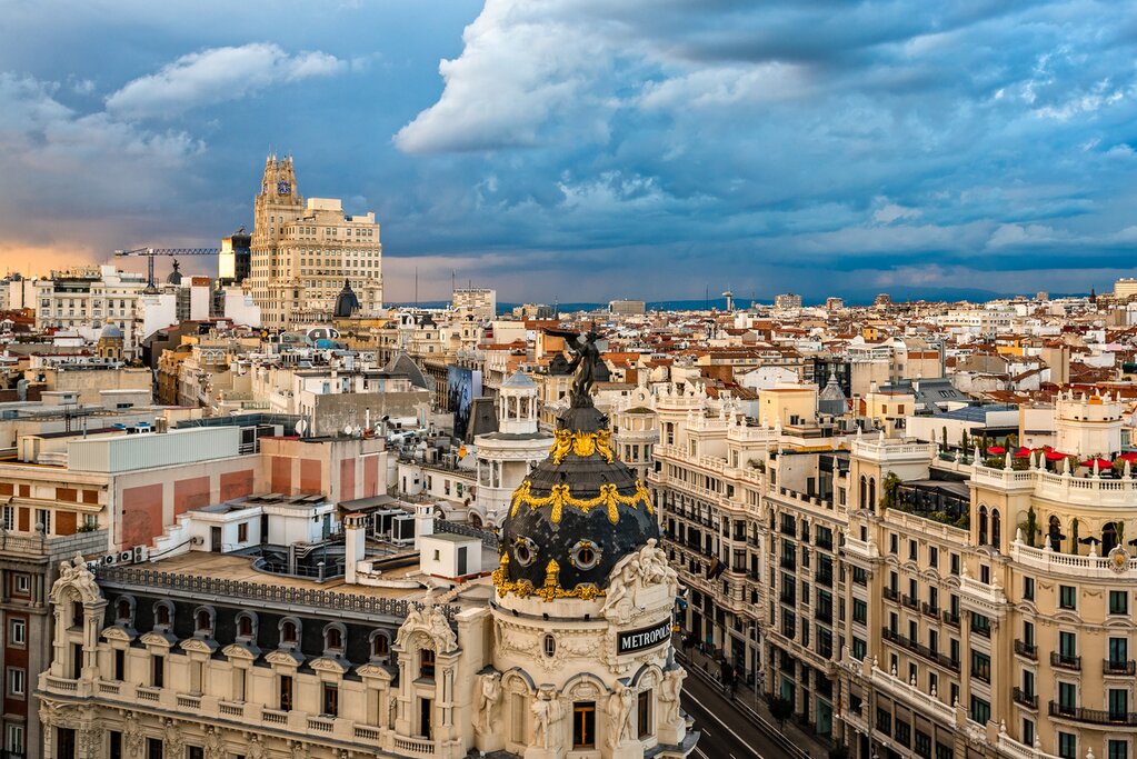 Skyline of Madrid from Circulo de Bellas Artes rooftop