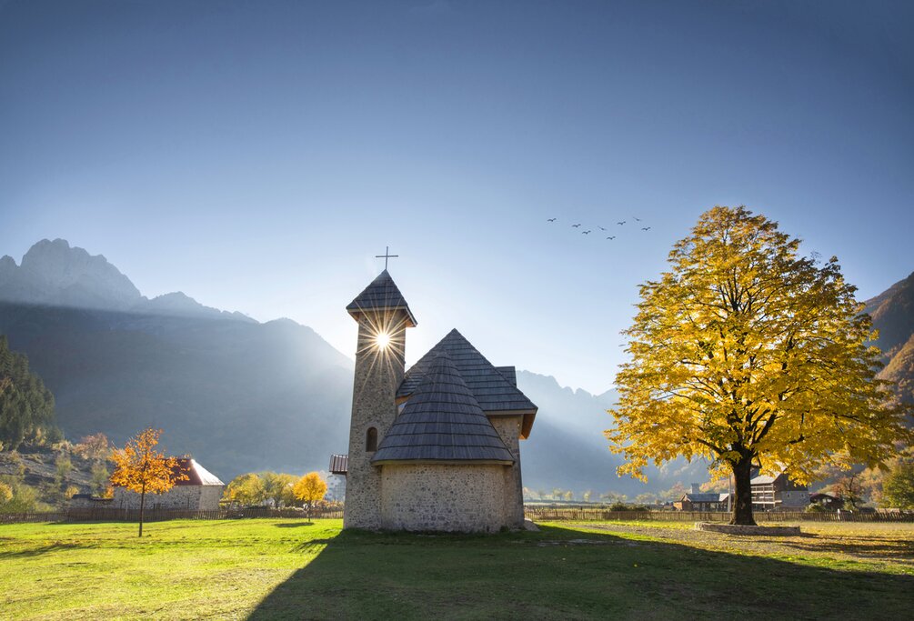 Church in fall scene