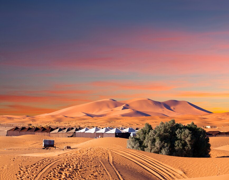 Campsite over sand dunes in the Sahara desert near Merzouga