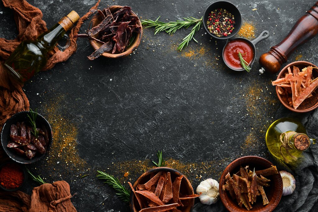 "Biltong," a South African meat jerky snack, complete with spices and herbs