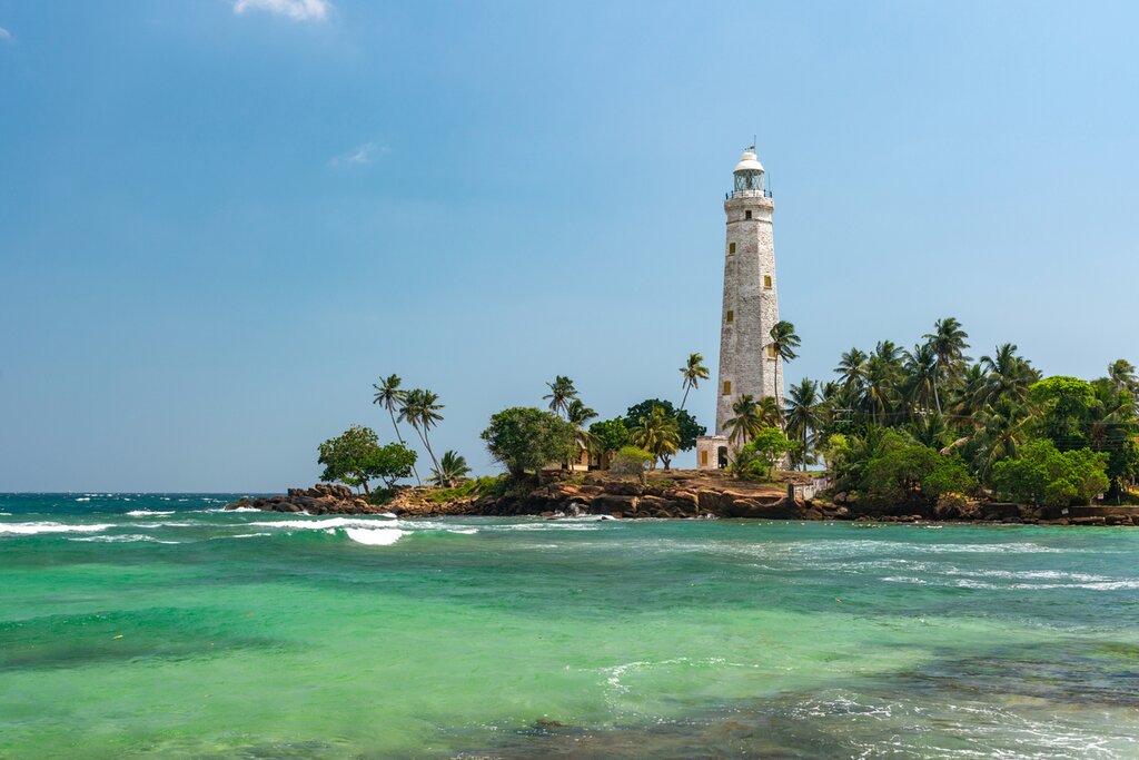 The Galle Lighthouse overlooks the Indian Ocean