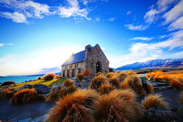 A view of the stone Church of the Good Shepherd by Lake Tekapo
