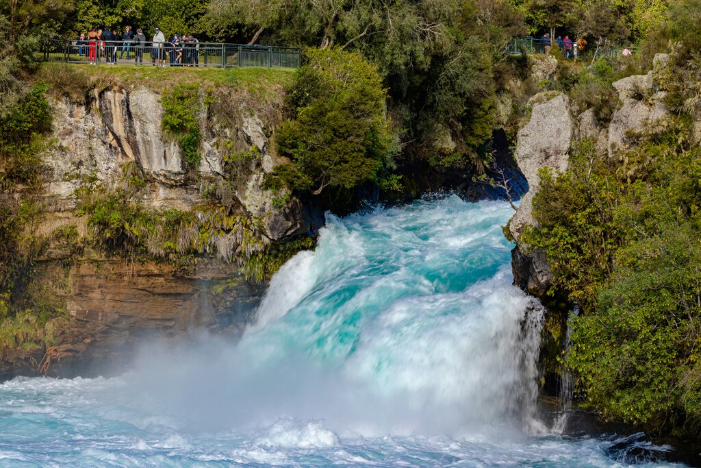 Lake Taupo enters the Waikato River through the narrow Huka falls rapids