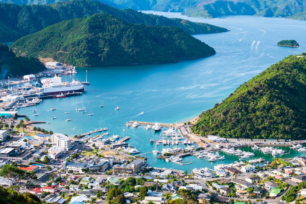 Aerial view of Picton in Queen Charlotte Sound