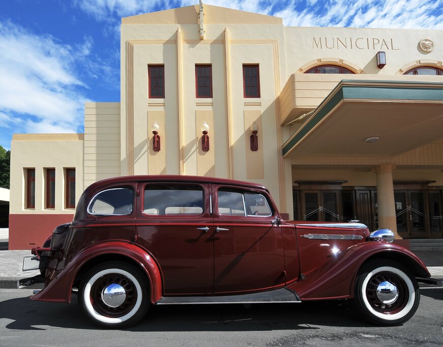Napier Art Deco buildings and old car