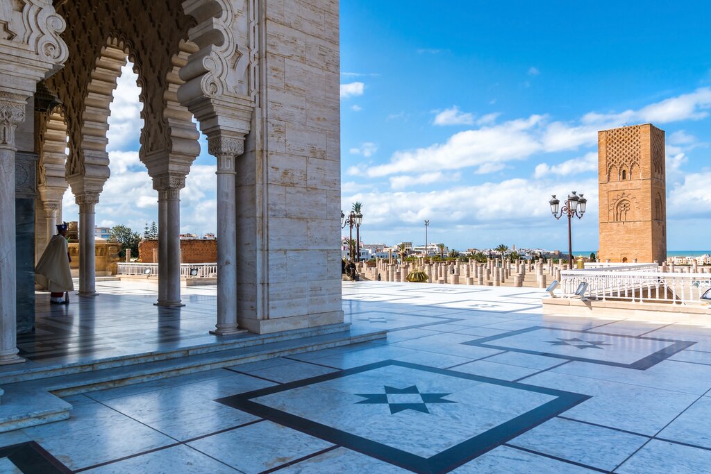 Beautiful Mausoleum of Mohammed V and square with Hassan tower
