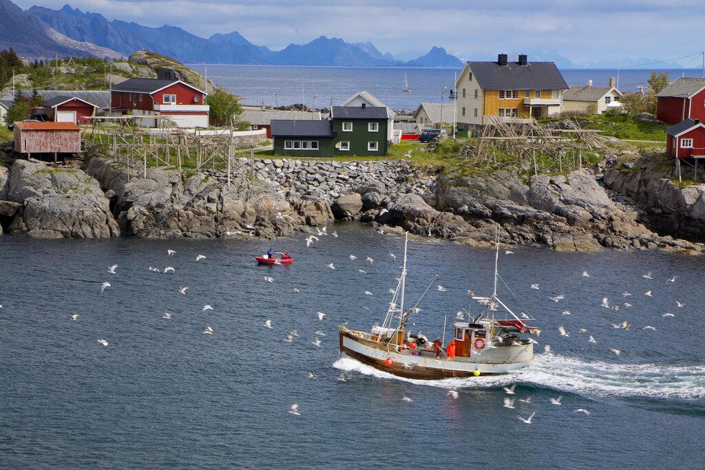 Kayaking near the village of Reine, Lofoten Islands