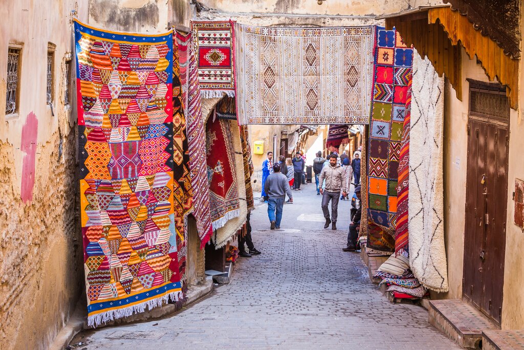 Exterior of a Moroccan carpet merchant shop in the medina of Fes