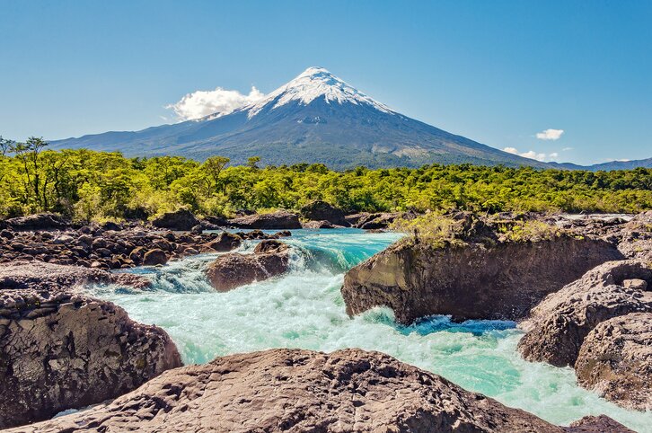 Petrohué Falls with Osorno in the background