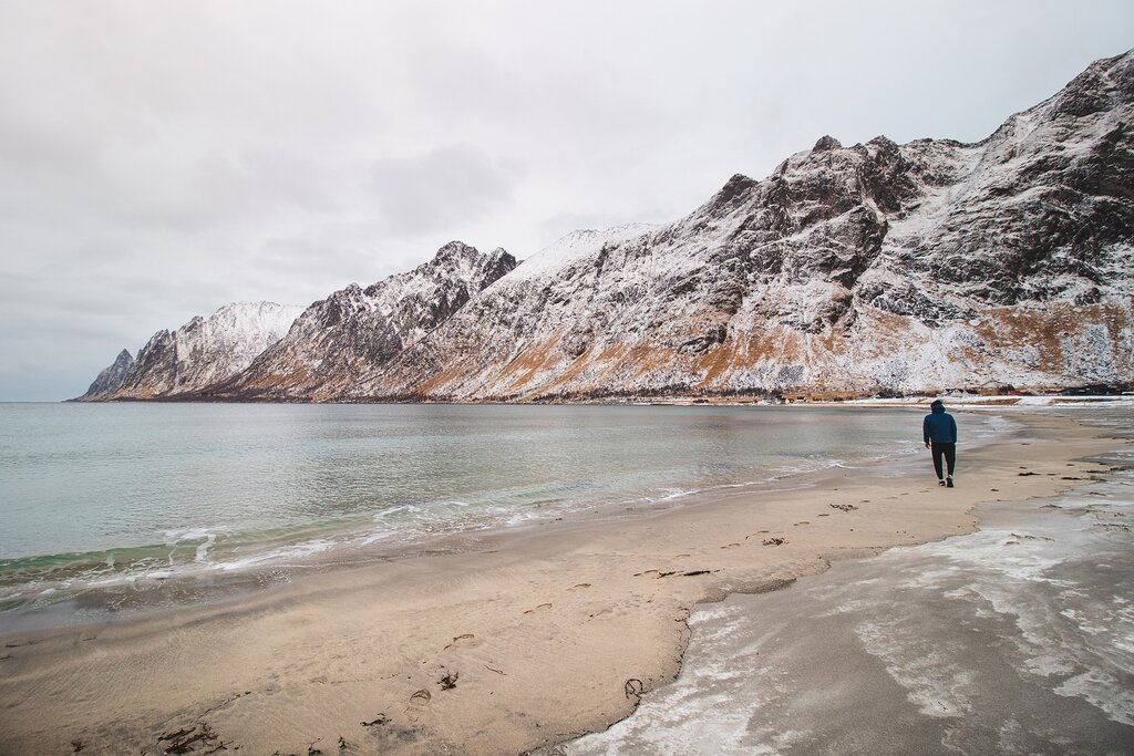 A remote beach in winter on Norway's second-largest island