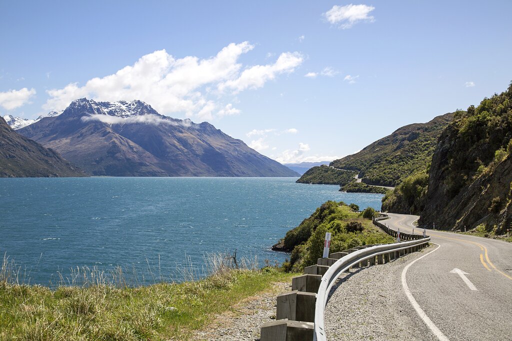 View of the Remarkables mountain range and Lake Wakatipu from the road