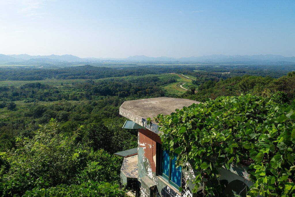 View from the Dora Observatory in the DMZ to North Korea Propaganda village and Kaesong with abandoned observation post bunke