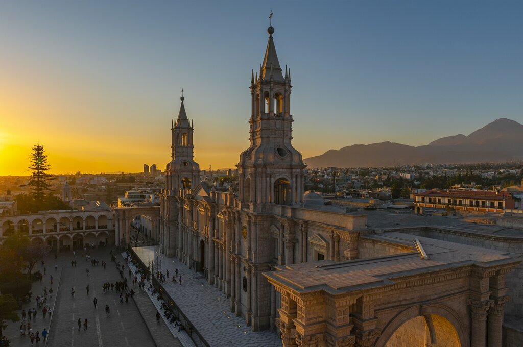 Cityscape of Arequipa with its Catholic Cathedral and Plaza de Armas main square in the Andes mountain range of Peru.