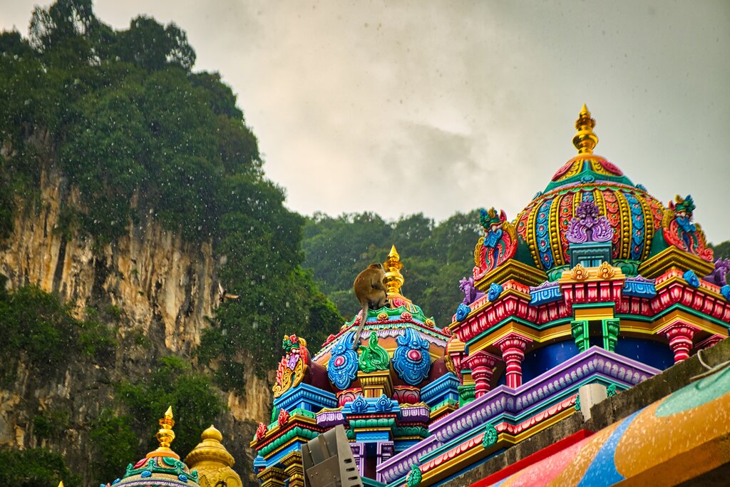A monkey on a colorful rooftop at the Batu Caves