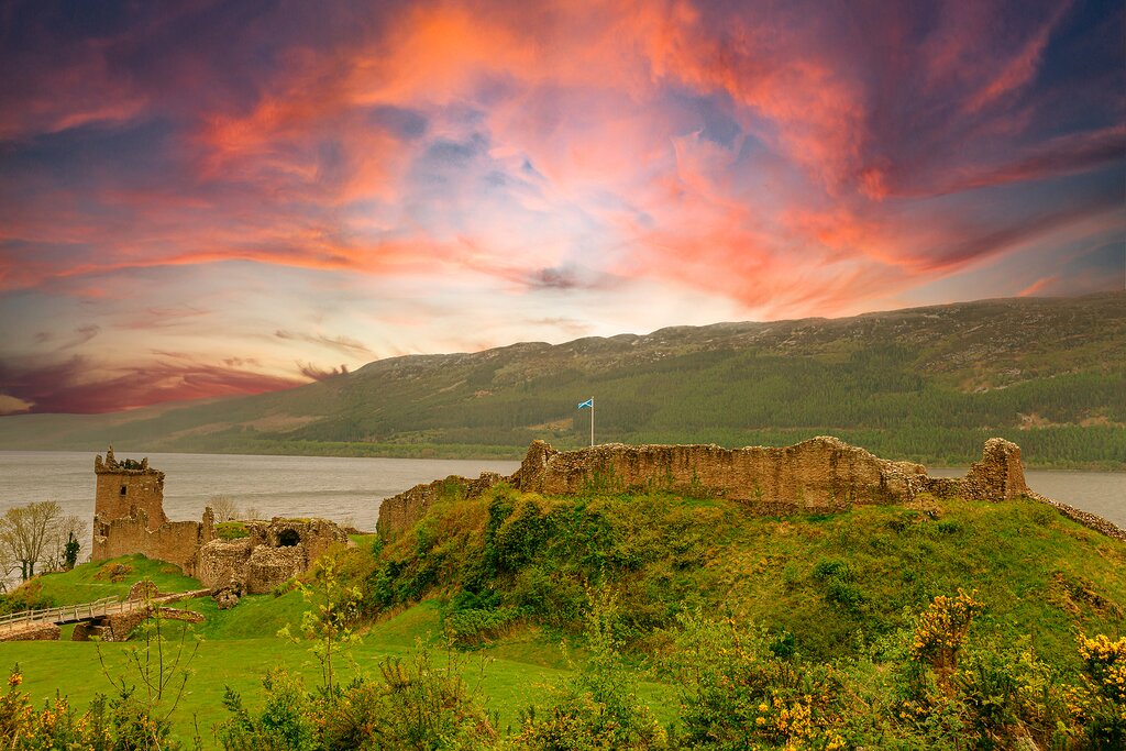 Urquhart Castle on Loch Ness at sunset