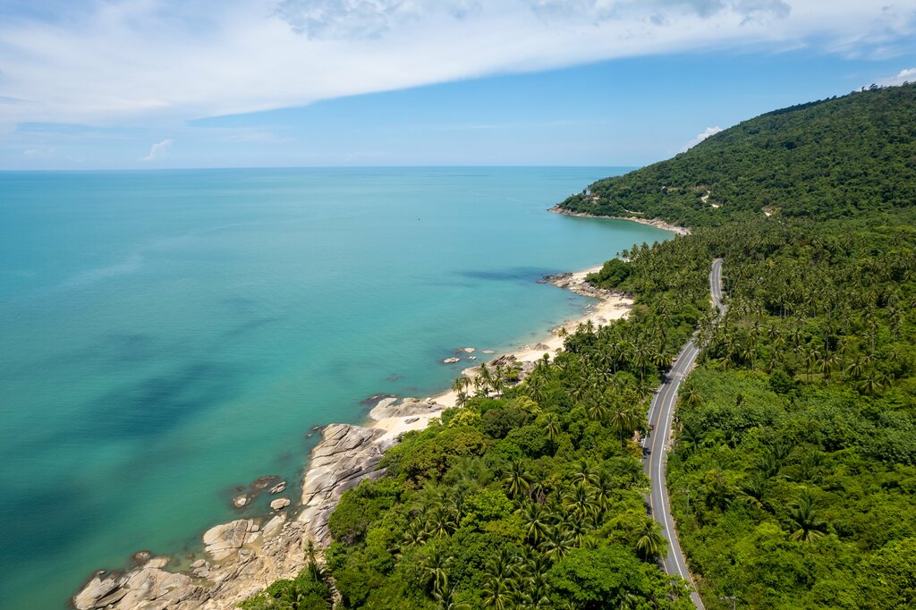 Aerial view of sea and road between Khanom and Sichon District