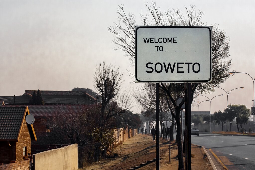 A "Welcome to Soweto" street sign with a few houses and a road in the background