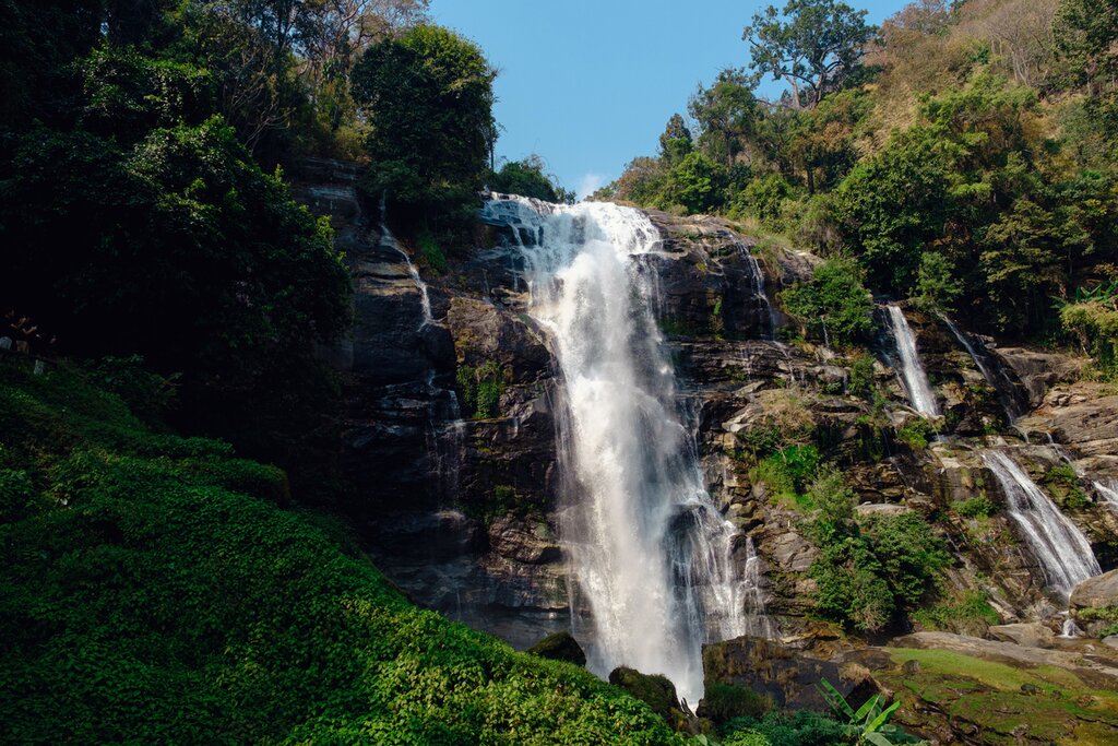 Photo of the taill Wachirathan Waterfall at Doi Inthanon National Park