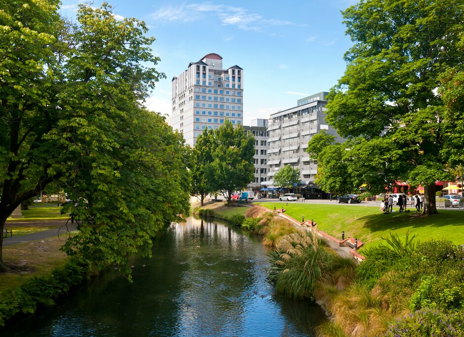 the Avon River / Ōtākaro in Christchurch with buildings in the background