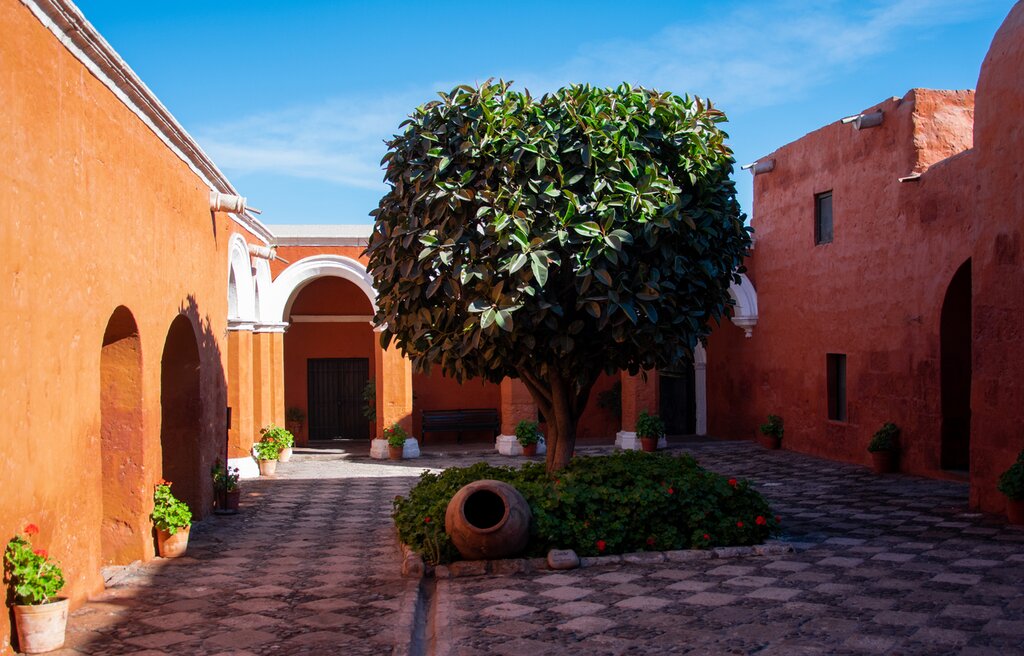 View of a courtyard within the Santa Catalina Monastery in Arequipa, Peru, with a neatly groomed tree, black and white checkered floor tiles, surrounded by an orange wall and a pink wall