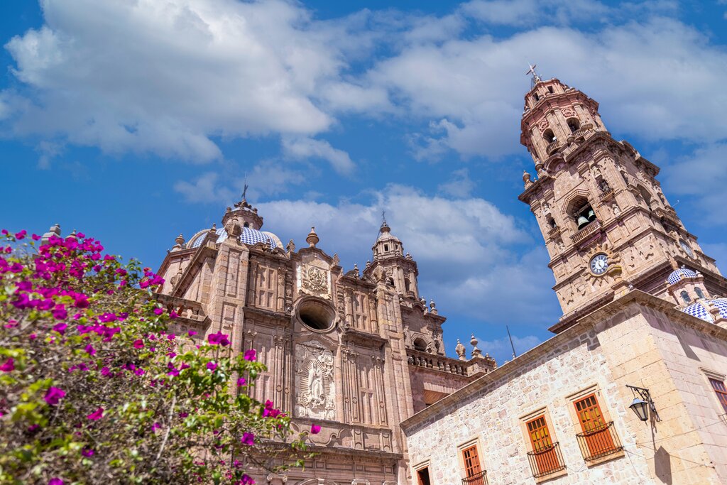 Mexico, Michoacan, famous scenic Morelia Cathedral located on Plaza de Armas in historic city center