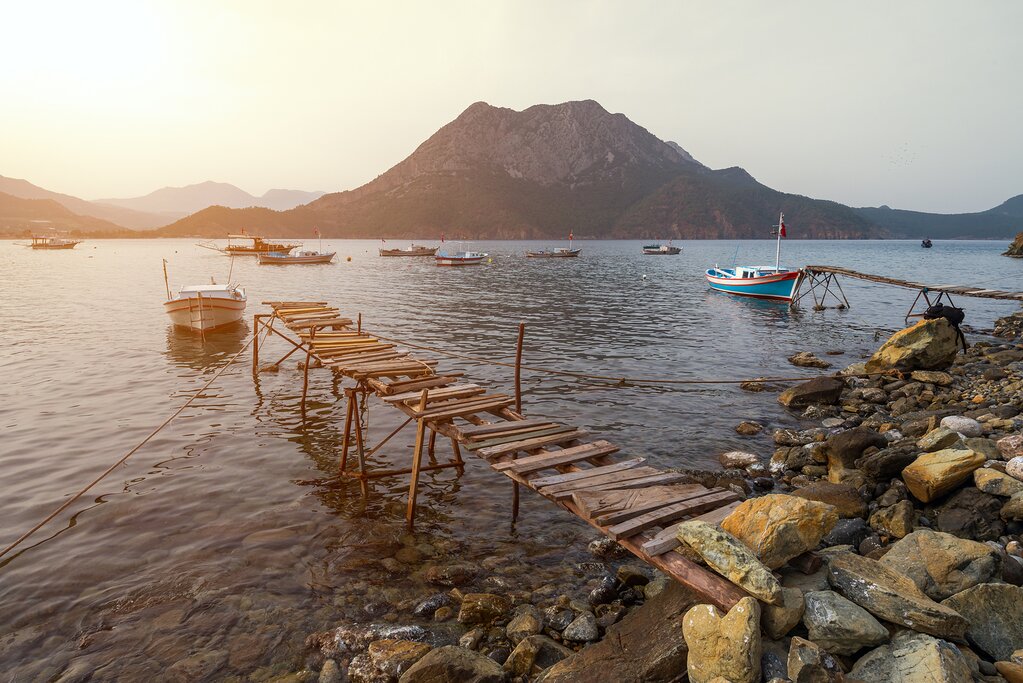 Bay of Adrasan , naturally protected area, surrounded by a national park with pine forests, Taurus Mountains, blue water lagoons and sandy beaches