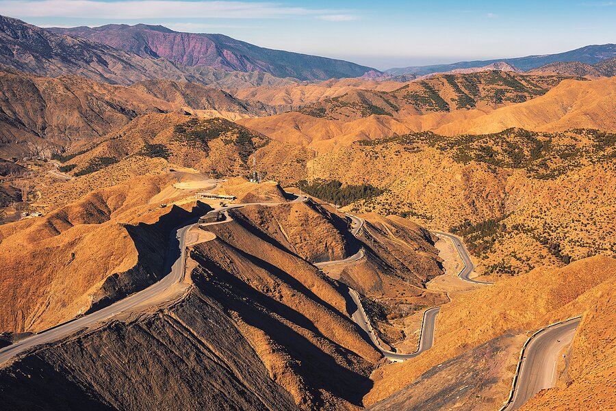 A mountain road winding through the Tizi-n-Tichka Pass