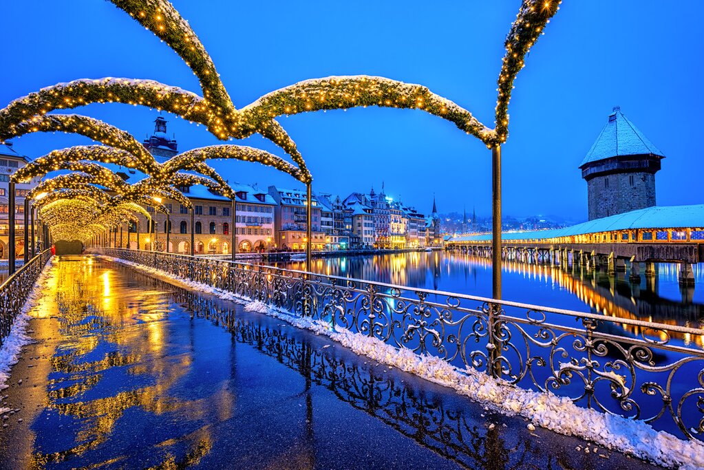 Luzern's waterfront comes alive with lights in the winter season