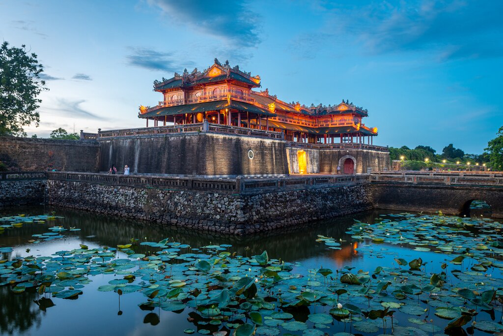 Twilight over Hue's imposing Imperial Citadel