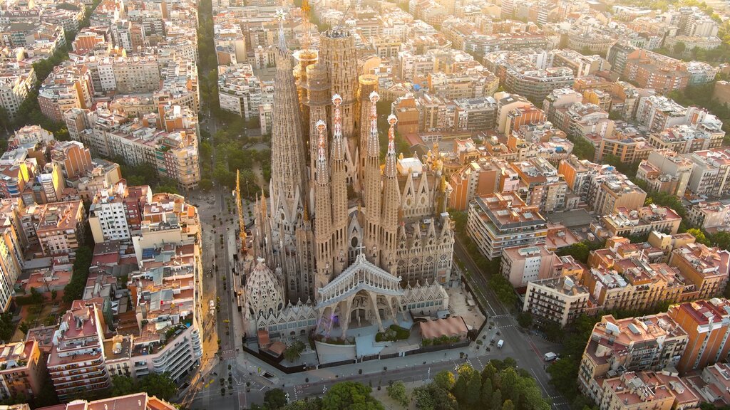 Aerial view of Sagrada Família at sunrise